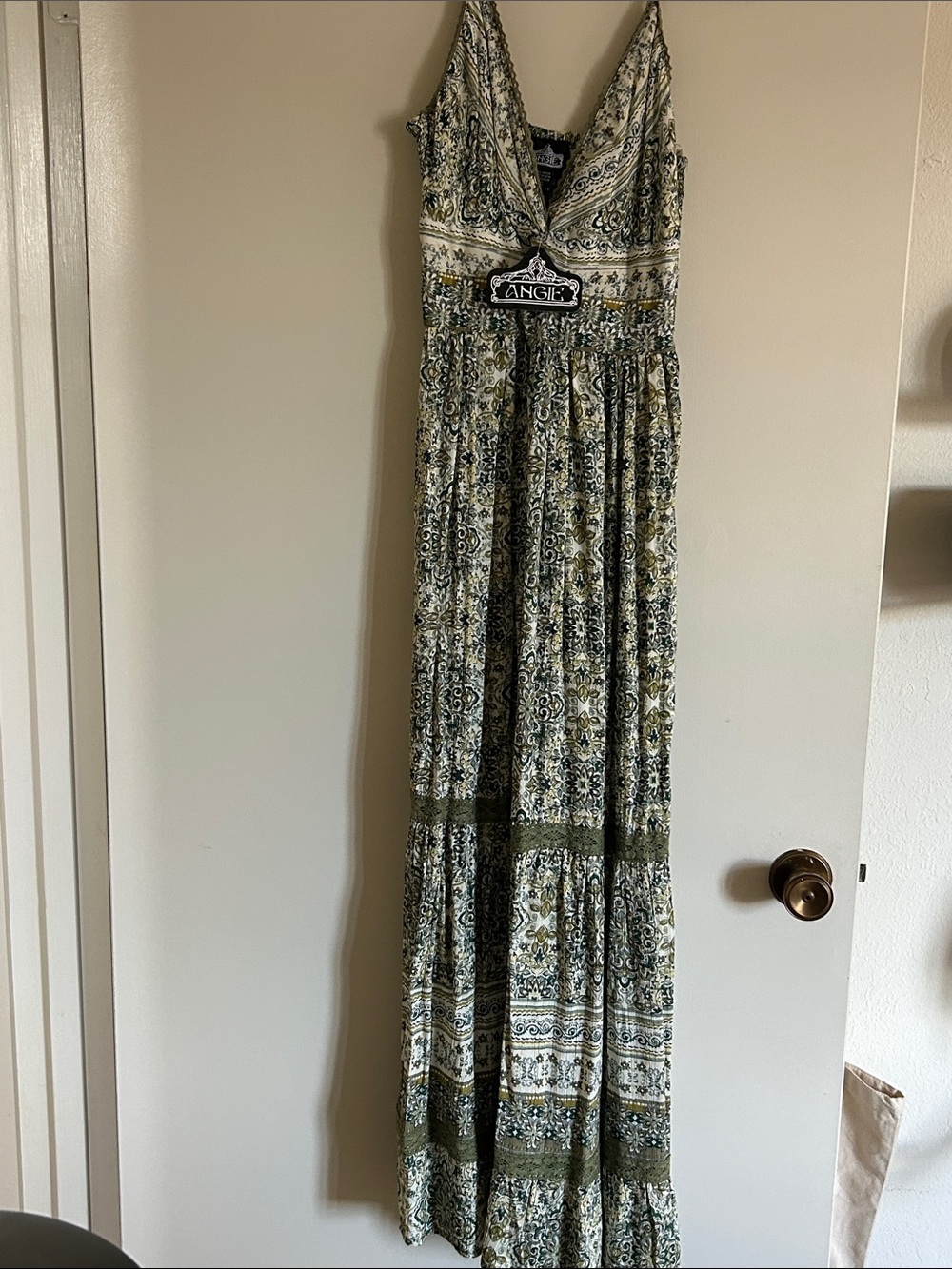 Angie Olive & Cream Paisley V-Neck Maxi Dress